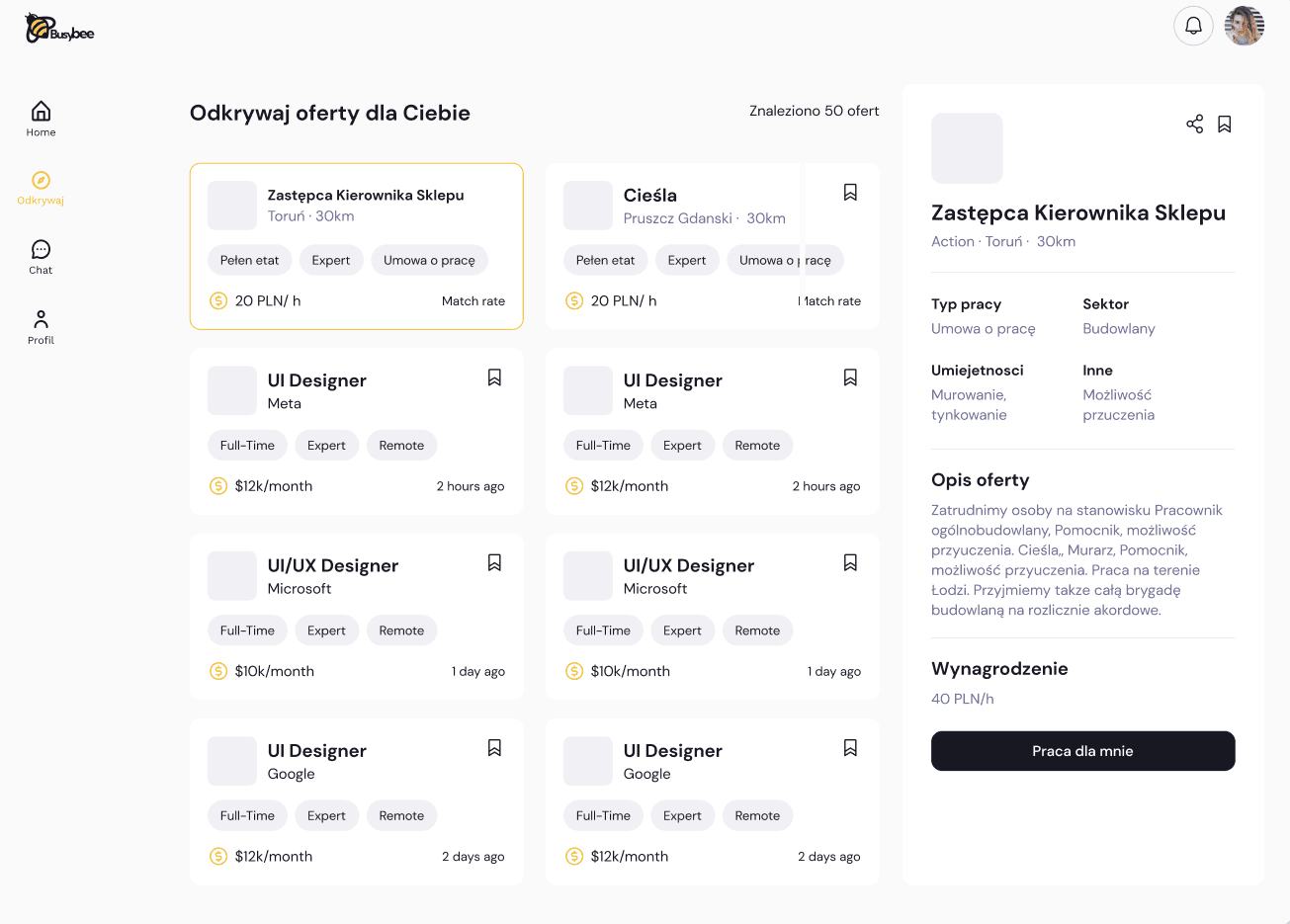 Widok panelu platformy rekrutacyjnej BusyBee